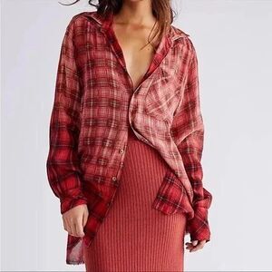 Free People One Grunge Ombré Red Plaid Button Long Sleeve Shirt Tunic Top Sz M